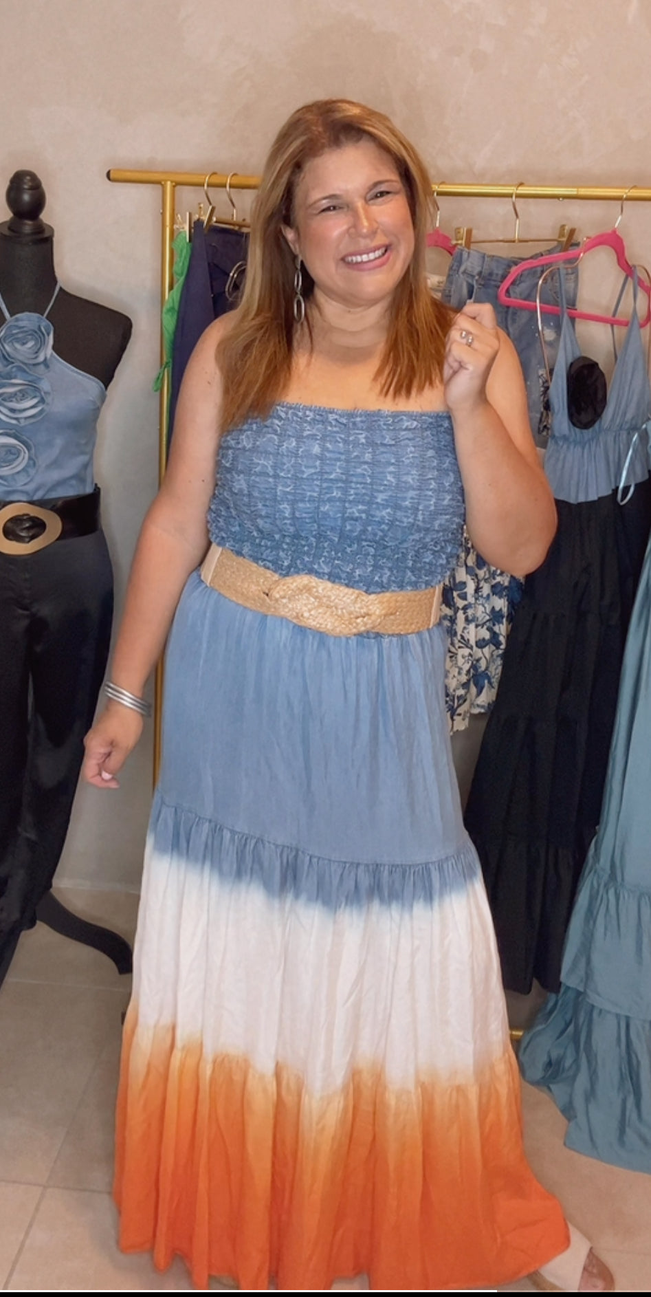One size Ombre denim dress( white and orange)