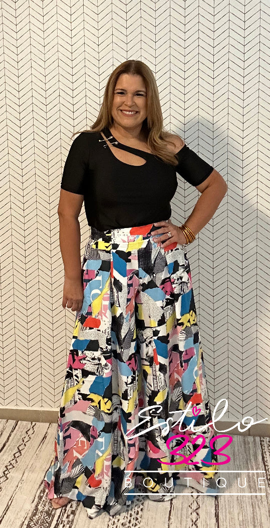 Patch print wide leg palazzo