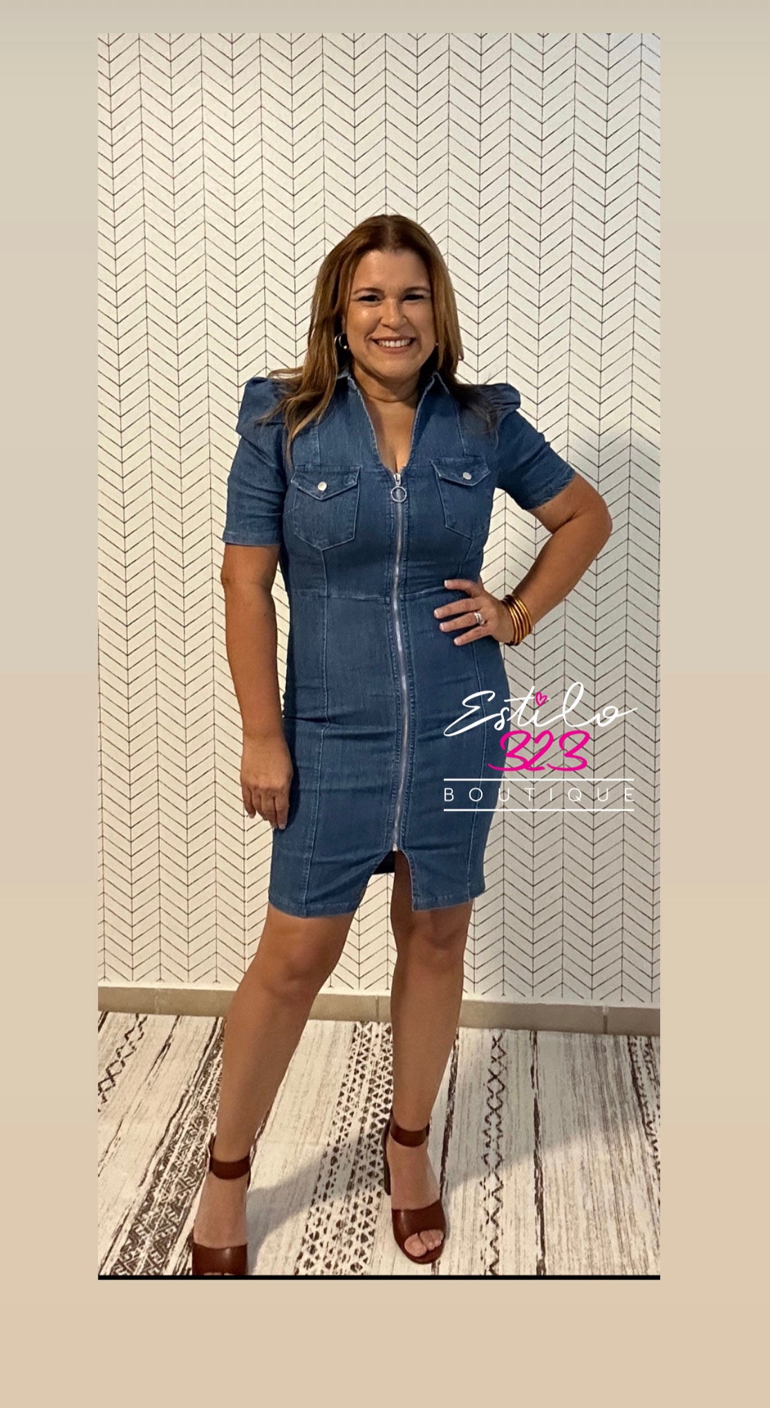 Zipper front Puff sleeve denim dress