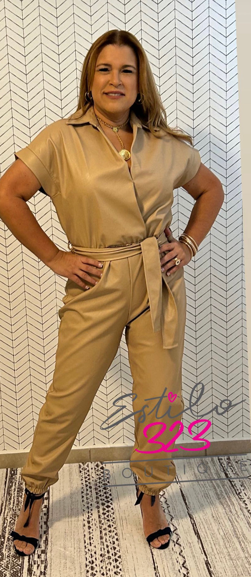 PU Drop Shoulder Jumpsuit W/Tie Belt
