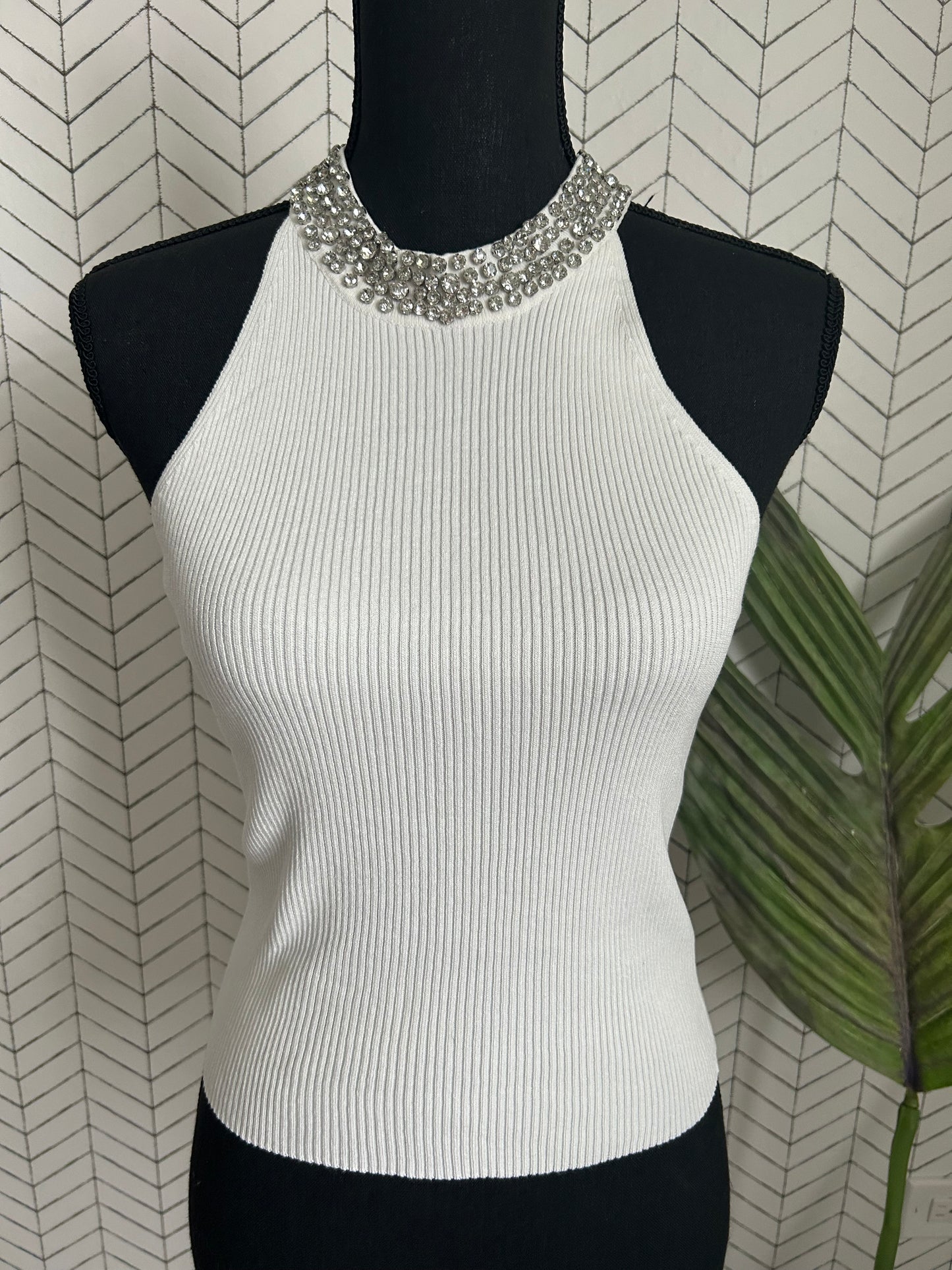 Rhinestone neckline Tank Top White