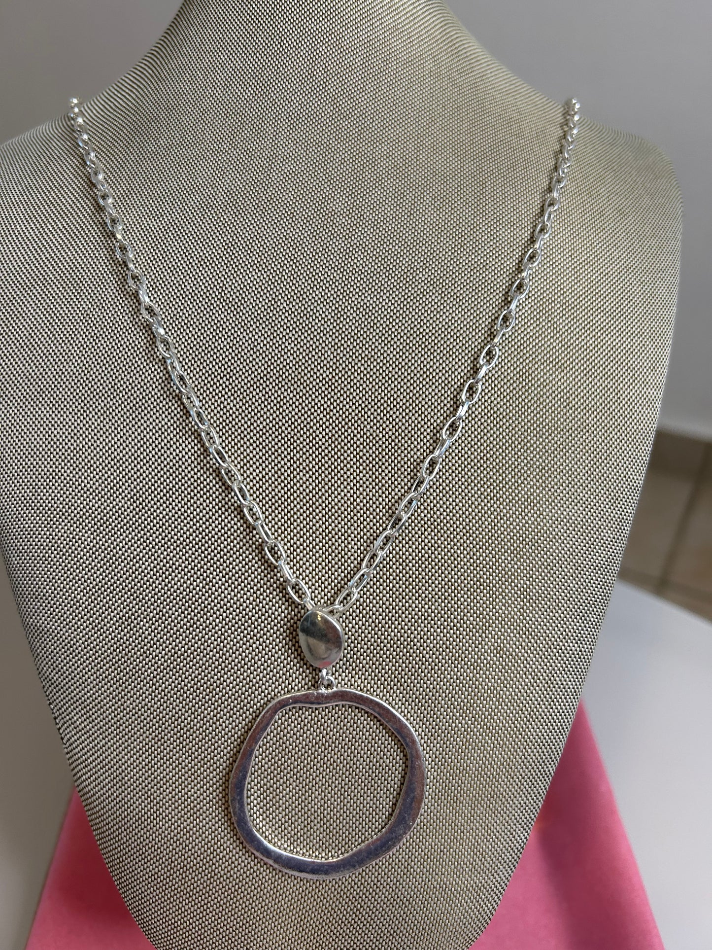 Silver Large Waved Ring Pendant on Long Chain