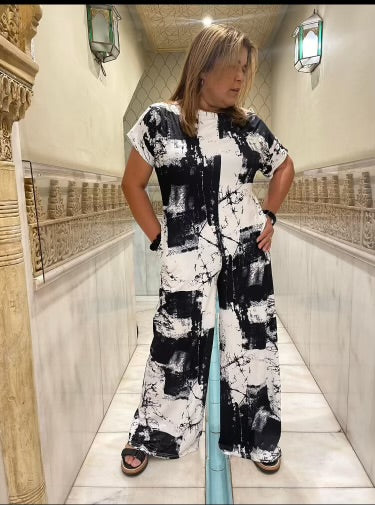 PRINTED OFF SHOULDER KNIT JUMPSUIT