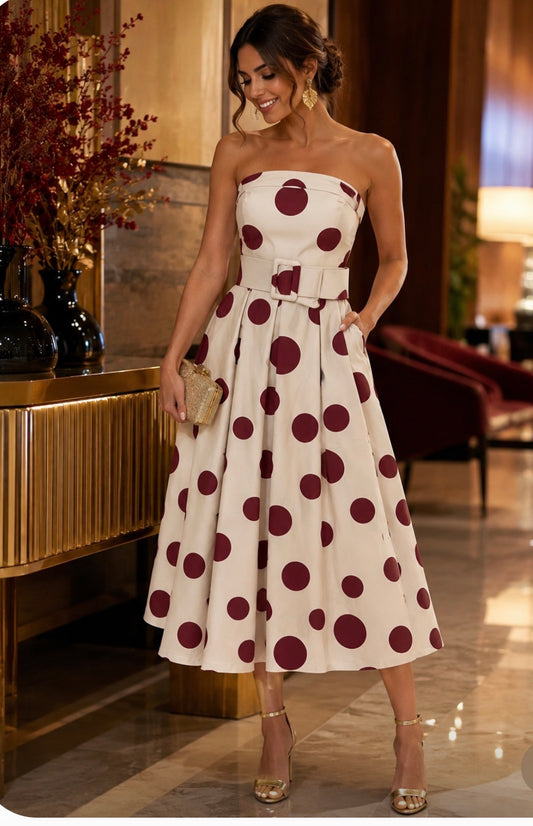 Burgundy/Cream Polka Dots strapless dress