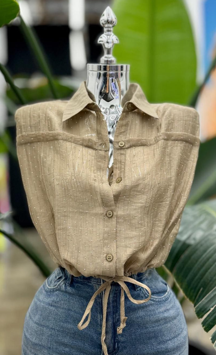 Taupe Button Top  with Sparkles
