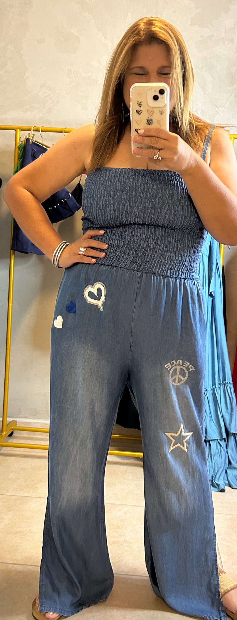 Denim jumpsuit with hearts and stars(one size)