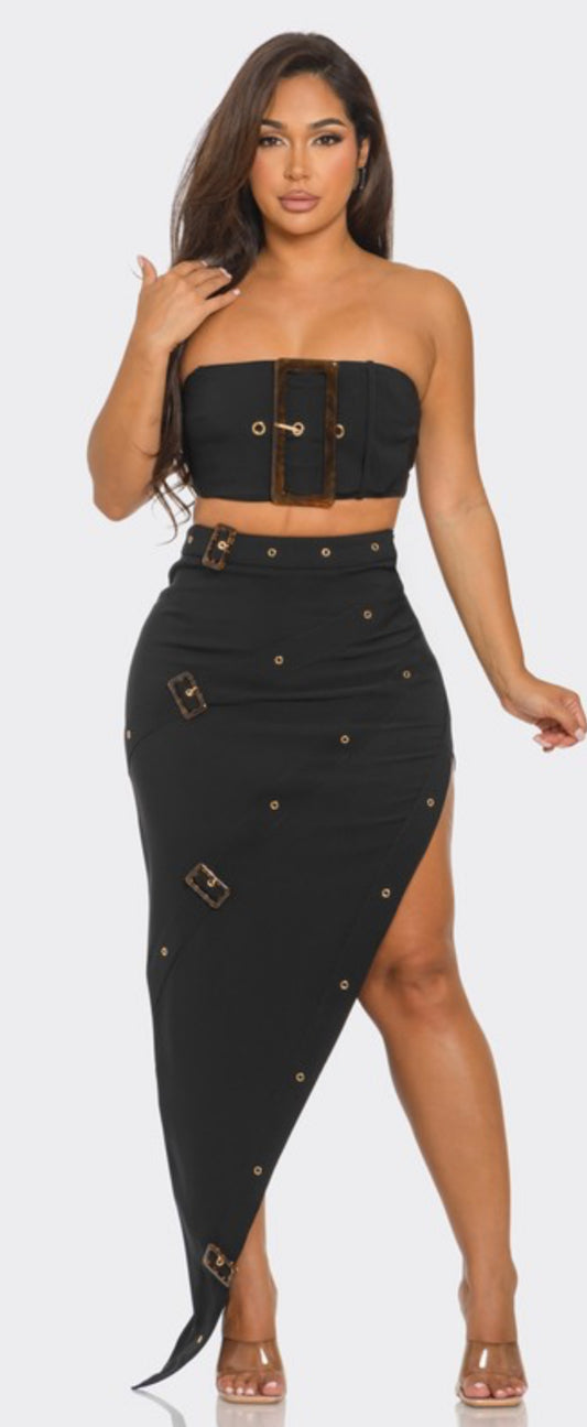 Front Eyelet Buckle Belt Top and Skirt Set