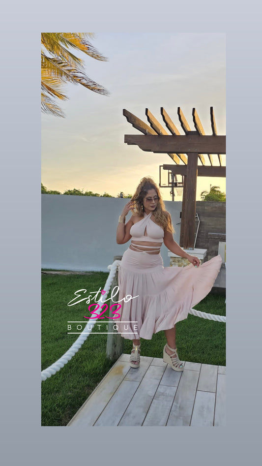TIE BACK MIDI SKIRT AND CROSS HALTER set