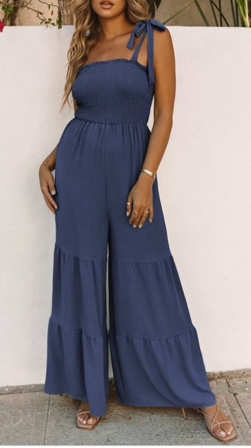 Tie strap shirred bodice tiered wide leg jumpsuit