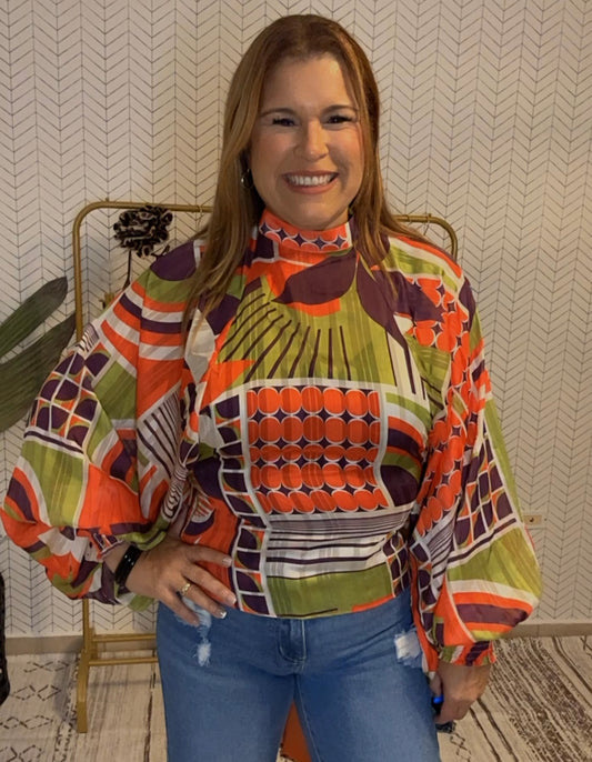 Orange Red Multi Print Blouse