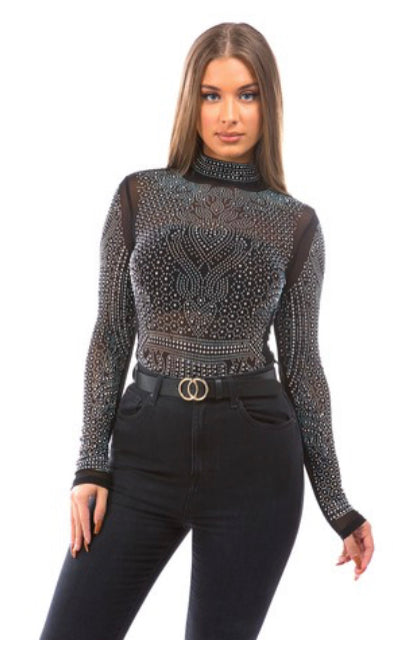 Mesh/Rhinestone black Bodysuite