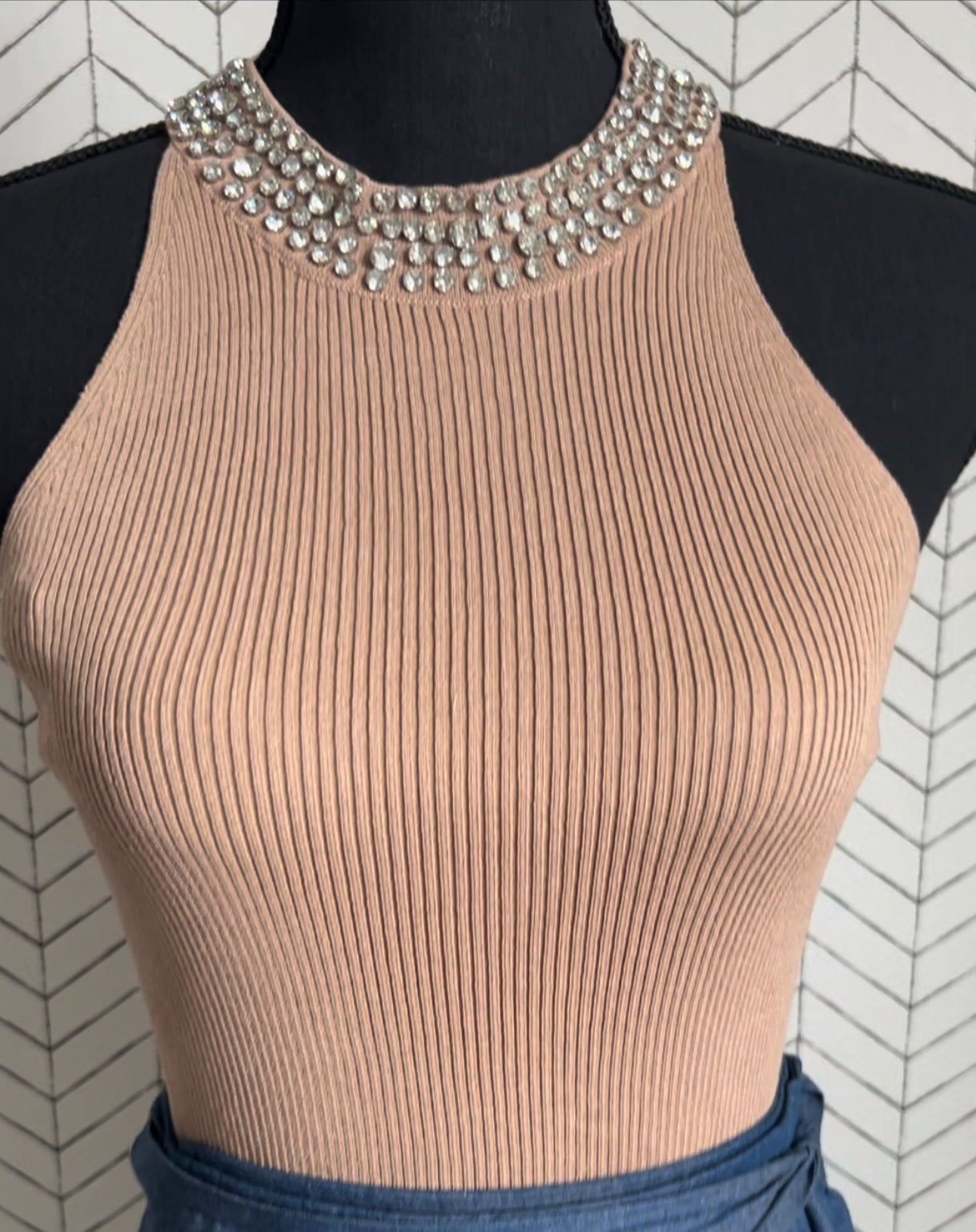Rhinestone neckline Tank Top Beige