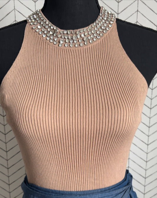 Rhinestone neckline Tank Top Beige
