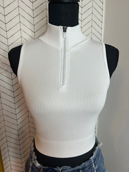Solid Fine Ribbed Half Zip Mock Neck Crop Tank Top